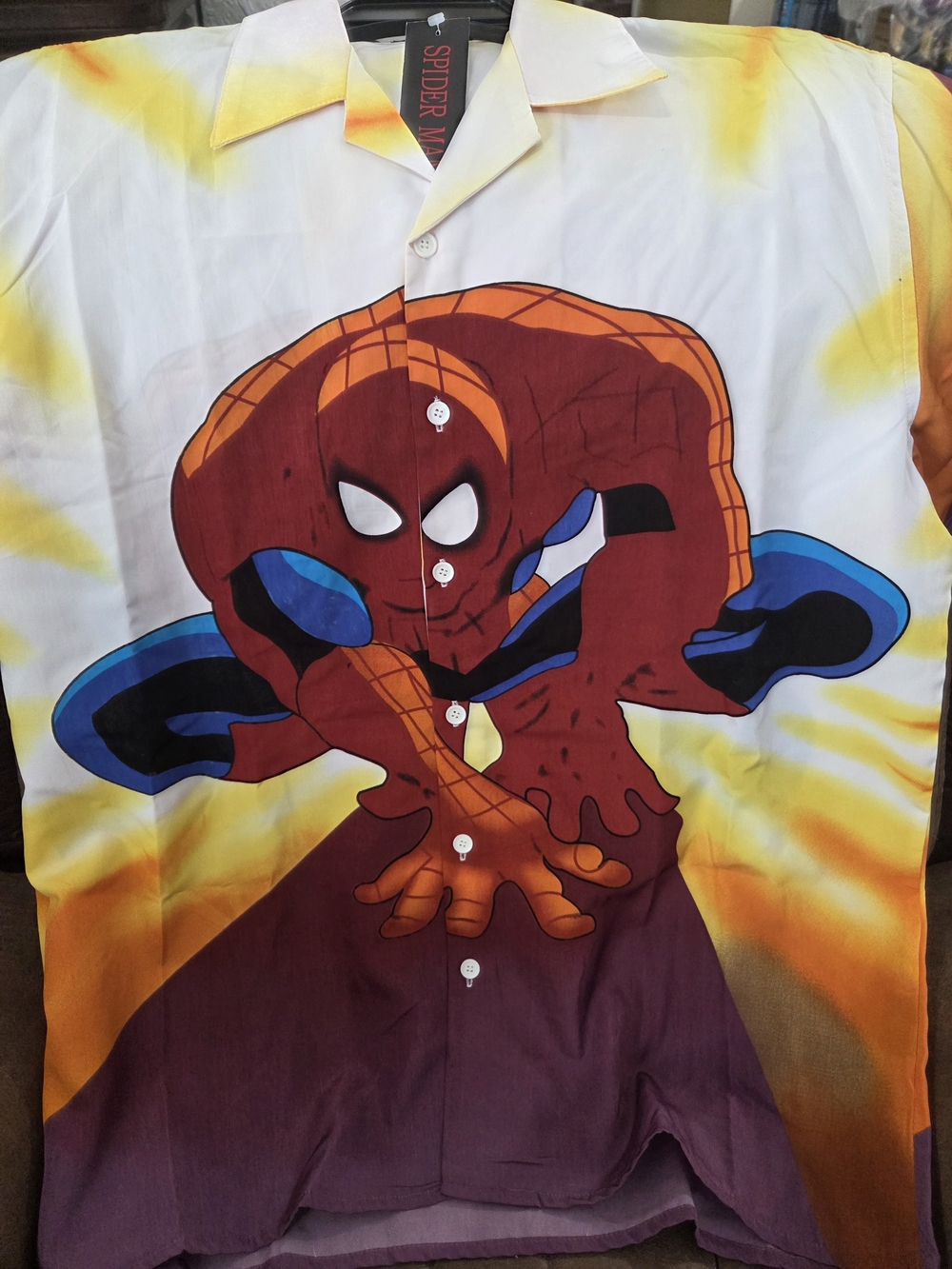 Spiderman Graphic Button-Down Shirt in White, Red & Yellow